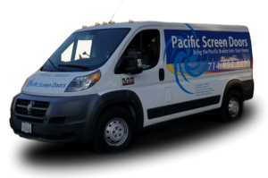 Mesh Screen Door Repair Orange County: Pacific Screen Doors service van arriving to perform mesh screen door repair in Orange County.